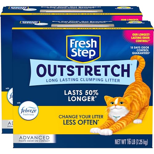 Fresh Step Outstretch Advanced Long Lasting Clumping Litter With Febreze Freshness and Guaranteed Odor Control, Activated Charcoal Litter Lasts 50% Longer, 32 lbs. (2 x 16 lb. Box)