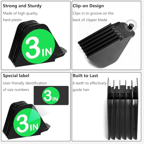 3 Inch Hair Clipper Combs Guides, Hair Clipper Guards 1 & 1/4" 1 & 1/2" 2", Mega NO.16 NO.12 NO.10 fits for most Wahl Clippers (Black, 8pcs Mega Set)