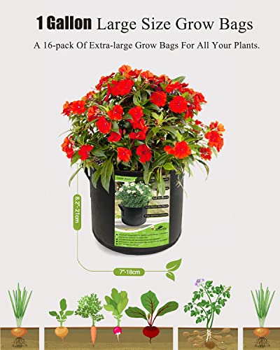 Smirdx 16 Pack 3 Gallon Plant Grow Bags with Handles, Washable Fabric Pot, Durable Reusable Raised Garden Bed for Vegetable, Easy Move Planting Container for Potato, Carrot, Onion, Tomato