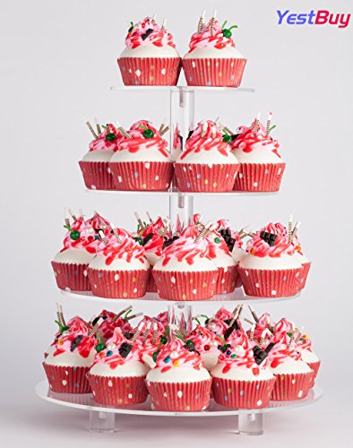 YestBuy 4 Tier Round Acrylic Cupcake Stand with Base, Premium Cupcake Holder, Acrylic Cupcake Tower Display Cady Bar Party Décor – Display for Pastry (4" Between 2 Layers with Base)