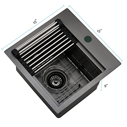 15 Inch Black Drop In Bar Sink Workstation-Bokaiya 15x15 Bar Sink Drop In Small Wet Bar Outdoor Rv Sink 16 Gauge Black Stainless Steel Single Bowl Kitchen Sink with Cutting Board
