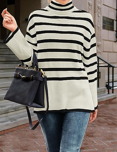 ZESICA Women's 2024 Winter Sweaters Casual Turtleneck Long Sleeve Striped Side Slit Loose Pullover Sweater Jumper Tops,Oats,Large