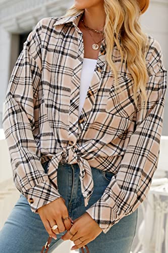 CHYRII Womens Button Down Flannel Shirts Long Sleeve Plaid Shacket Business Casual Blouse Topss Pink-7123 M