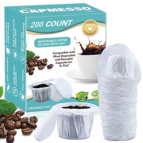CAPMESSO Disposable Coffee Filters with Lid Kerig Paper Filter for Reusable Single Serve Pods Compatible with Keurg 2.0 & 1.0 Coffee Maker (White, 200)