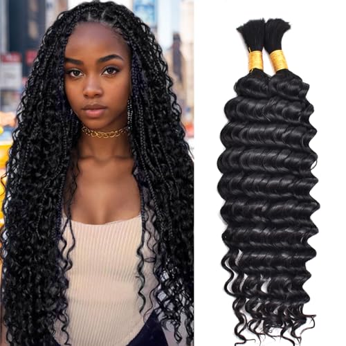 Human Braiding Hair For Boho Braids Human Hair Bundles Deep Wave Bundles 100g(2 Bundles/Pack) Human Braiding Hair Extensions No Weft 100% Brazilian Virgin Curly Braiding Hair (27#, 18Inches)