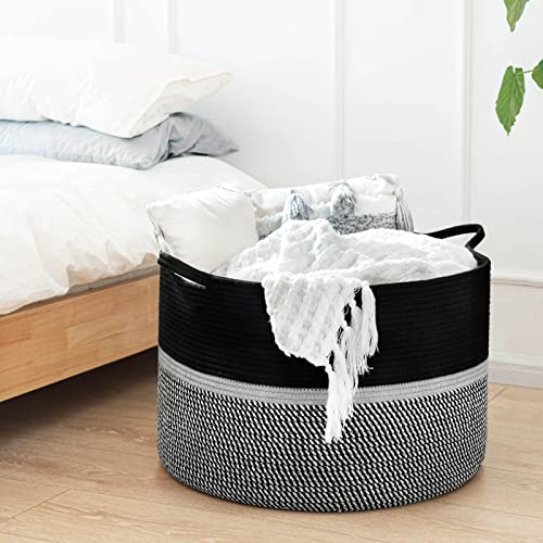 CHICVITA Extra Large Laundry Basket, Woven Rope Blanket Basket For Towels, Clothes, Toy Storage Baskets, Pillow Baskets For Living Room, Family Room, 22 x 22 x 14 inches, Black