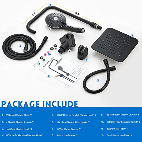 Ryamen Dual Shower Head Combo, Black 8'' High Pressure Rain/Rainfall Shower Head,5 Settings Adjustable Handheld Showers,with 15" Height Adjustable Slide Bar,Holder/59’‘ Hose