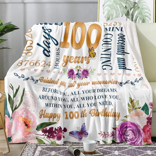 Hcoviv 100th Birthday Gifts Women Blanket 50*60, Happy 100th Birthday Gift Ideas, 100th Birthday Decorations, Gifts for Women Turning 100, Gifts for 100-Year-Old, Best Bday Present 1925 Throw Blanket