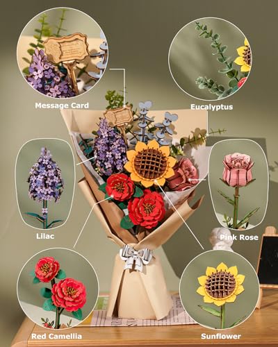 Rowood Artifical Flowers,Wooden Flower Bouquet Building Sets for Adults,Botanical Collection,Mothers Day/Valentine's Day/Christmas/Birthday Gift for Women/Mom/Her,DIY Craft Kit Unique Home Decor-TW01H