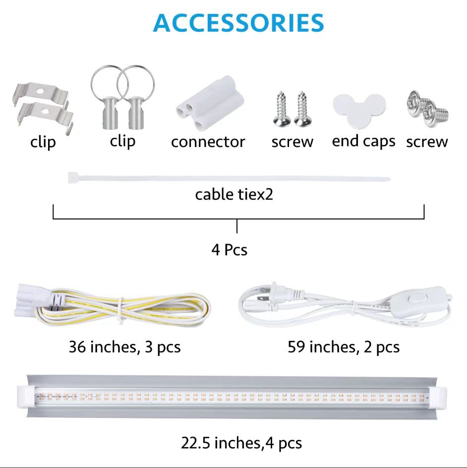 Grow Light, 2ft T8,100W(4 x 25W, 600W Equivalent), Super Bright, Full Spectrum Sunlight Plant Light, LED Grow Light Strips, Grow Lights for Indoor Plants,Greenhouse,4-Pack