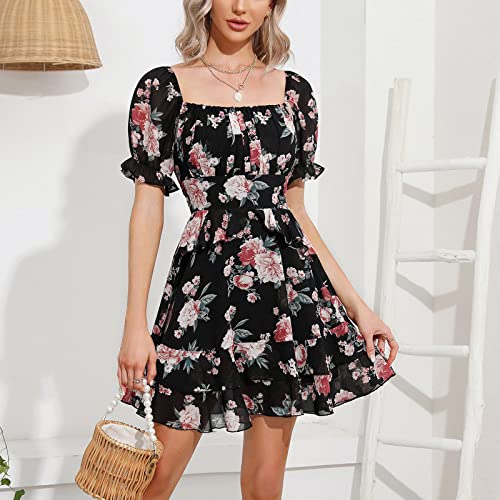 EXLURA Womens Summer Dress Floral Ruffle Tiered Square Neck Sundress Short Sleeve Off Shoulder Smocked Mini Dresses