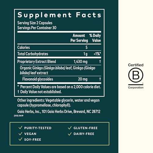 Gaia Herbs Ginkgo Leaf - Traditionally Used to Support Healthy Circulation and Brain Function - Organic, Herbal Supplement - 60 Vegan Liquid Phyto-Capsules (20-Day Supply)