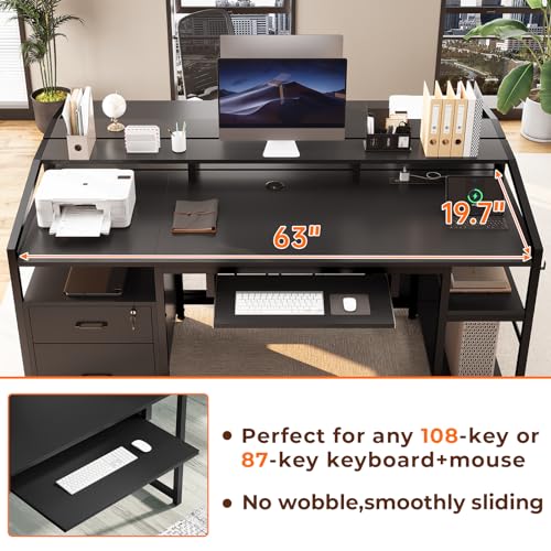 SEDETA 63" Computer Desk, Office Desk with Lockable Drawers for Legal/Letter File, Gaming Desk with LED Lights & Power Outlet, Home Office Desks with Storage, Black