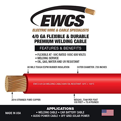 4/0 Gauge - 25 Feet Red - EWCS Brand 100% Copper Premium Industrial Grade Extra Flexible Welding Cable 600 Volt