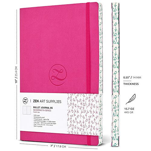 Cute Large B5 Dot Journal - Enjoy Bullet Journaling with a Soft Cover 7x10-inch, Non-Bleed Thick 120gsm Paper, Dotted Journal in Pink, Japanese Edge Motif, Faux Leather Lay Flat Dot Notebook - ZenART