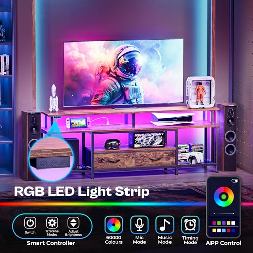 Huuger TV Stand for 65 70 75 Inch TV, Entertainment Center with Power Outlets and LED Lights, TV Console for Living Room, Media Console with Drawers and Shelves, Black