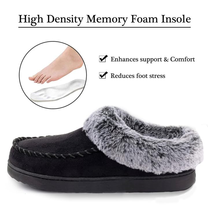 ULTRAIDEAS Women's Memory Foam House Slippers with Hard Bottom, Fur Lined House Shoes with Non-Slip Rubber Sole for Indoor & Outdoor (Black, 5-6)