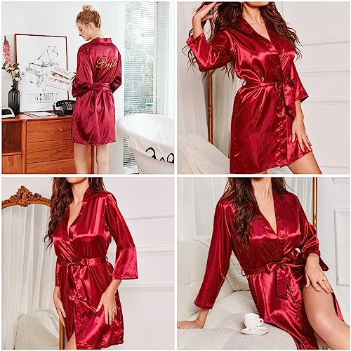 LuckyMoon Bride Robes Women's Satin Kimono Robe for Wedding Party Short Bridal Morning Robes with V-Neck Sleepwear Summer Satin Silk Dressing Gown for Women(Red-M)