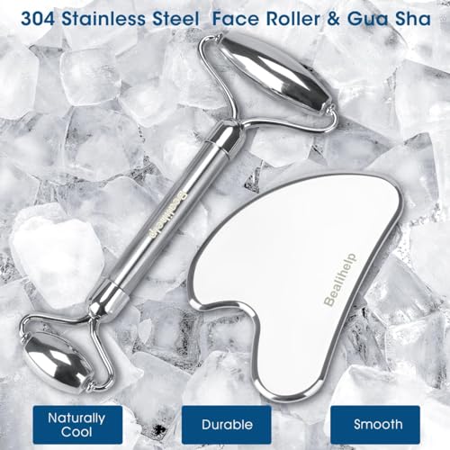 Bealihelp Face Roller & Gua Sha, Stainless Steel Facial Roller and Guasha Tool for Face, Skin Care Roller for Wrinkles and Lifting, Improve Puffiness, Metal Face Massager for Eyes, Neck Tighten