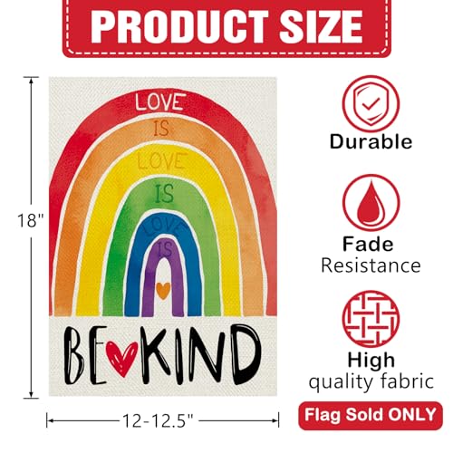 Dyrenson Love is Love Rainbow Decorative Garden Flag, Be Kind LGBTQ Gay Lesbian Heart Yard Outside Pride Month Home Decoration, LGBT Bisexual Pansexual Burlap Outdoor Small Decor Double Sided 12 x 18