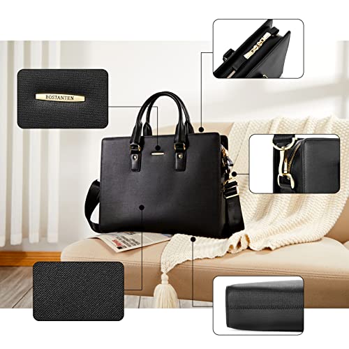BOSTANTEN Leather Lawyers Briefcase Shoulder Laptop Business Slim Bags for Men & Women Black