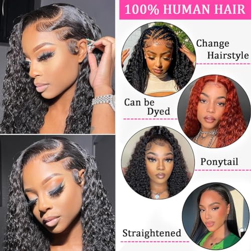 BLACROSS 13x6 Deep Wave Lace Front Wigs Human Hair 180 Density Deep Part Curly Lace Front Wigs Human Hair Pre Plucked Glueless Transparent Lace Frontal Wig Pre Plucked with Baby Hair(20 Inch)