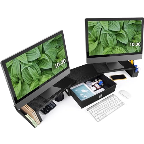 Dual Monitor Stand Riser w/ Drawer & Metal Leg, Large Computer Monitor Riser w/ Storage For 2 Monitors, Desk Shelf For Monitor w/ Adjustable Length & Angle, Desktop Organizer For Laptop/TV/Printer
