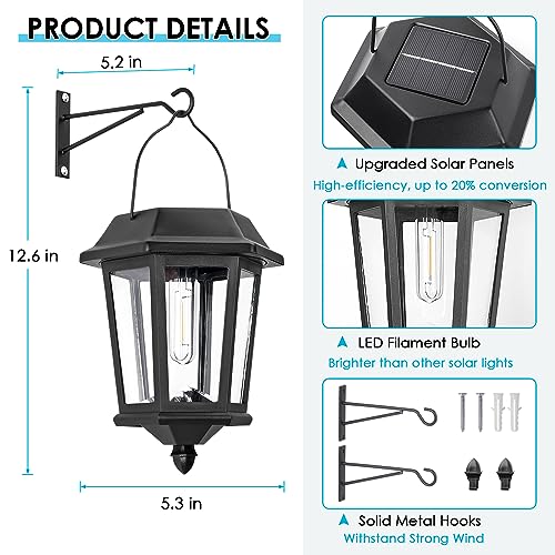 Hanging Solar Lanterns Outdoor, 2 Pack Glass Solar Lights Outdoor Waterproof, Auto ON/Off Solar Wall Lanterns for Outside Porch, Patio and Yard