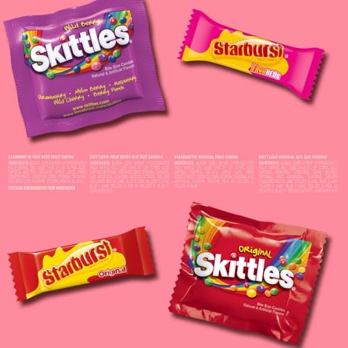 SKITTLES Original, SKITTLES Wild Berry & STARBURST Original and STARBURST FaveReds Fun Size Nut Free Individually Wrapped Trick or Treat Halloween Candy Variety Pack, Party Size, 20.13 Oz Bulk Bag
