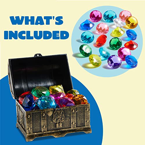 Sloosh Diving Gems Pool Toys, 16 Big Colorful Diamond with Pirate Treasure Chest, Swim Dive Toy for Kids Underwater Gemstone Swimming Training Gift Water Toys Pool Games(Gold)