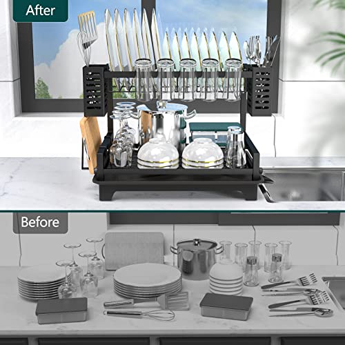 B-Land Dish Drying Rack, 2 Tier Dish Racks for Kitchen Counter, Large Dish Drying Rack with Drainboard & Utensil Holders, Rust-Proof Dish Drainers,Kitchen Organization