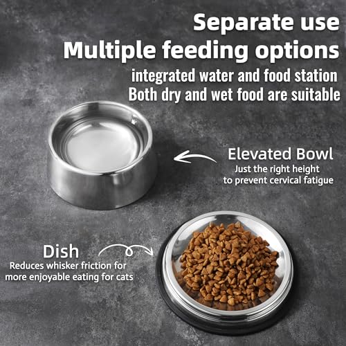 Nicelock Elevated Cat Bowl Stainless Steel Combined Type Cat Bowls Whisker Fatigue Cat Dish, One Raised Cat Bowl and One Dish