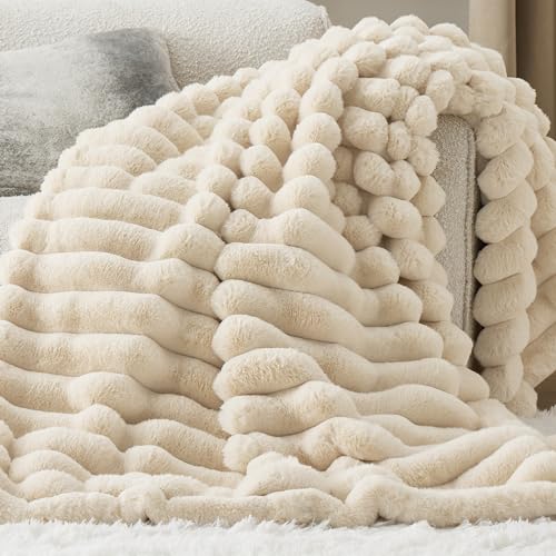 Bedsure Faux Fur Blanket, White Soft and Fluffy Blanket, Fuzzy Cozy Plush Throw Blanket for Couch, Sofa and Bed, Thick and Warm Blanket, Luxury Decorative Blanket 50x70 inches