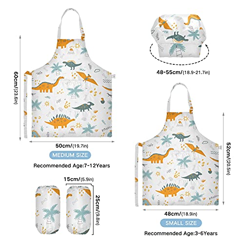 Kids Apron Chef Hat Set for Girls Cute Boys Dinosaur Pattern Waterproof with Pockets Painting Cooking 3-6