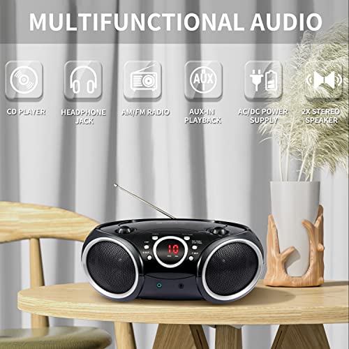SINGING WOOD 030C Portable CD Player Boombox AM FM Analog Tuning Radio, Aux Line in, Headphone Jack, Foldable Carrying Handle (Black with a Touch of Grey Rims)