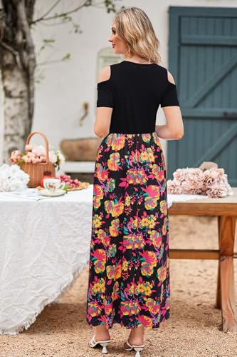 STYLEWORD Womens Dress Summer Floral Wedding Guest Maxi Long Boho Cold Shoulder Casual Plus Size 2025(Floral21,S)