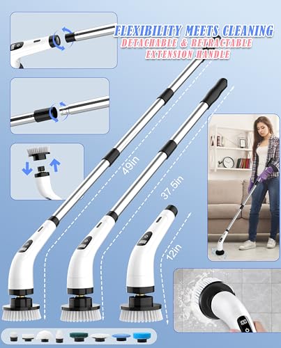Wevenad Electric Spin Scrubber,Shower Scrubber IPX7 Waterproof with 8 Replaceable Brush Heads and Adjustable Removable Extension Handle,3 Adjustable Speeds,Suitable for Bathtub Tile Floor (White)