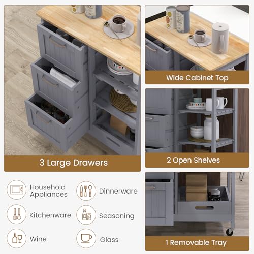 GOFLAME Kitchen Island Cart on Wheels with Storage, Versatile Rolling Cart with Wood Countertop, 3 Drawers, Removable Tray & Lockable Casters, Mobile Serving Trolley for Kitchen, Dining Room, Grey