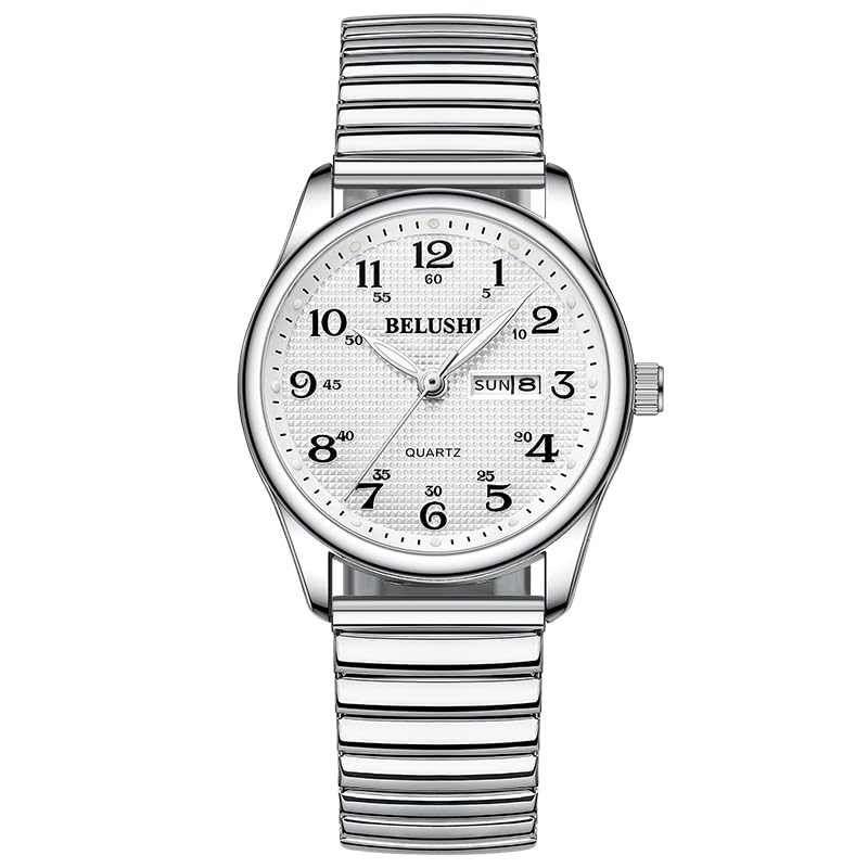 BESTKANG Large Face Easy to Read Stretch Band Watch, Women's Men's Stainless Steel Wrist Watch (Silver2)