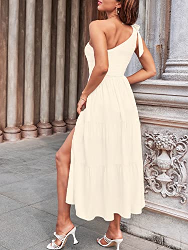 MEROKEETY Women's One Shoulder Sleeveless Shirred High Waist Swing A-Line Midi Maxi Dress,Dustyblue,M