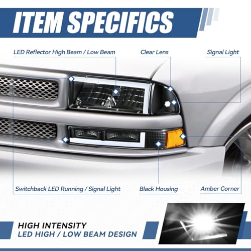 Auto Dynasty 4Pcs Switchback Box Style LED DRL Headlights Assembly and Bumper Lamps Compatible with Chevy Blazer S10 1998-2004, Driver and Passenger Side, Black Housing