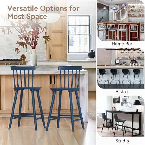 LUE BONA Windsor Wooden Bar Stools Set of 3 for Kitchen Island, Farmhouse 24 Inch Counter Height Stools Chairs with Spindle Back, White