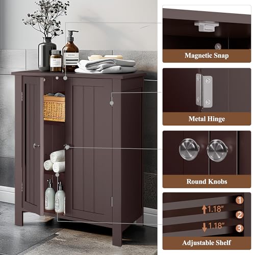 ZENY Bathroom Floor Storage Cabinet with Double Door + Adjustable Shelf, Wooden Organizer Cabinet for Living Room, Bathroom, Bedroom, Modern Home Furniture (Brown)