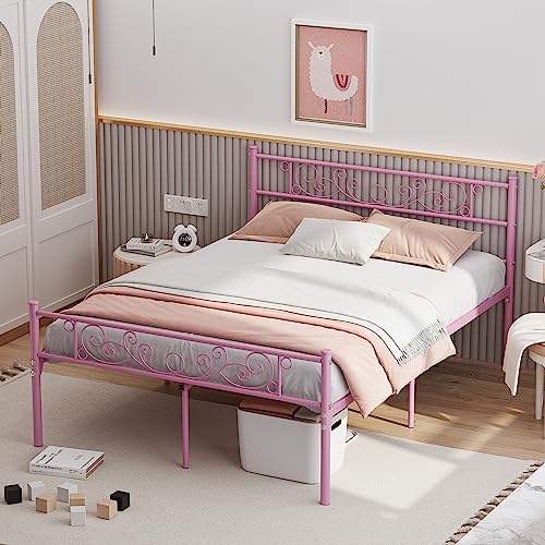 Elephance Full Size Bed Frame with Headboard and Footboard, Metal Platform Bed Frame with 14 Inch Storage Space No Box Spring Needed Easy Assembly for Adult White
