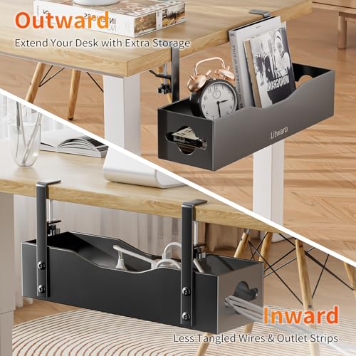 Under Desk Cable Management Tray, Litwaro Cable Management Under Desk No Drill, Cable Rack with Clamp for Desk Wire Management and Desk Cord Organizer, Cable Management Box Under Desk for Home Office