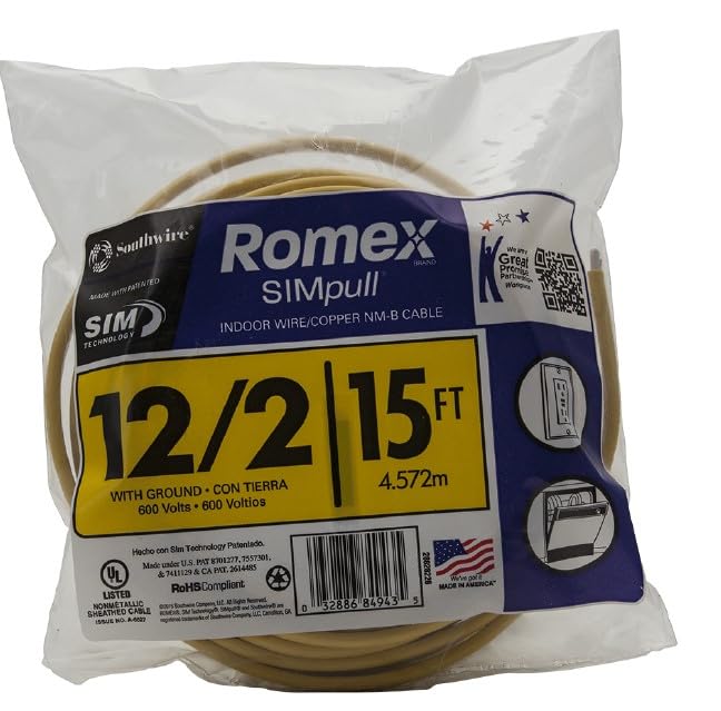 Southwire Romex Brand Simpull Solid Indoor 12/2 W/G NMB Cable 15ft Coil-SW# 28828226