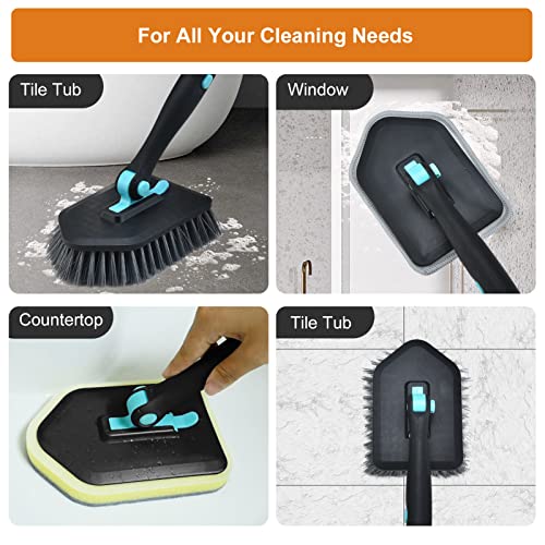 Shower Cleaning Brush with Long Handle, 3 in 1 Tub and Tile Scrubber Brush with 50.4'' Extendable Long Handle Detachable Stiff Bristles Scrub Brush for Cleaning Bathtub Shower Bathroom (Black)
