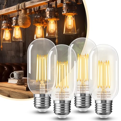 4 Pack LED Edison Bulbs, 4W Edison Light Bulbs, Antique LED Filament Bulbs 40W Equivalent, E26 Base, T45 LED Bulb with Clear Glass, Warm White 2700K, Non Dimmable, Great for Home, Bedroom, Office