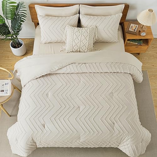 Litanika White Comforter Queen Size Set with Sheets - 7 Pieces Boho Bed in a Bag Chevron Tufted Complete Beddding Sets Lightweight All Season Bed Set with Comforter, Sheets, Pillowcases & Shams