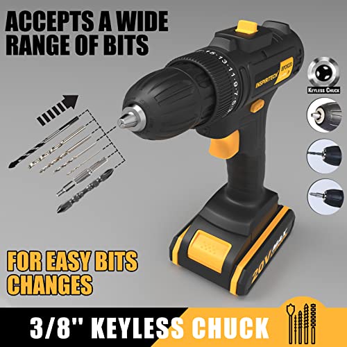 INSPIRITECH 20V Cordless Drill, Power Drill Set with 2 Batteries and Charger,3/8-Inch Chuck Electric Drill Kit with 24-Torque Setting, Drill Driver Bits and Tool Bag Included…